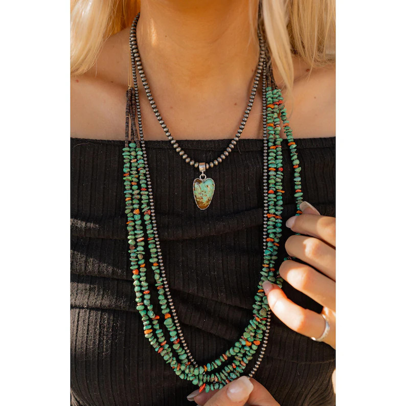 Fannie Garcia 3 Strand Turquoise, Spiny Oyster Shell, and Heishi Shell Beaded Necklace Native Mad... | Etsy (US)