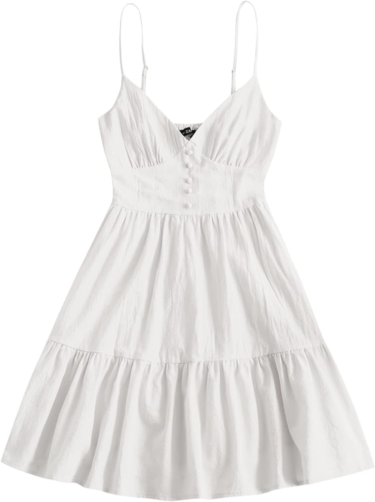 ZAFUL Women's Casual V Neck Summer Mini Dress Spaghetti Strap A-Line Short Dresses Backless Solid... | Amazon (US)