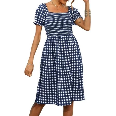 Women s Short Sleeve Smocked Dress Square Neck Casual Midi Plaid Dress High Waist Puff Sleeve Tiered | Walmart (US)