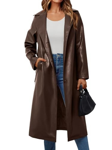 Trendy Queen Womens Brown Long Faux Leather Jackets Trench Coat Fall Blazer 2025 Going Out Outfits Clothes Sexy Oversized Waterproof L | Amazon (US)