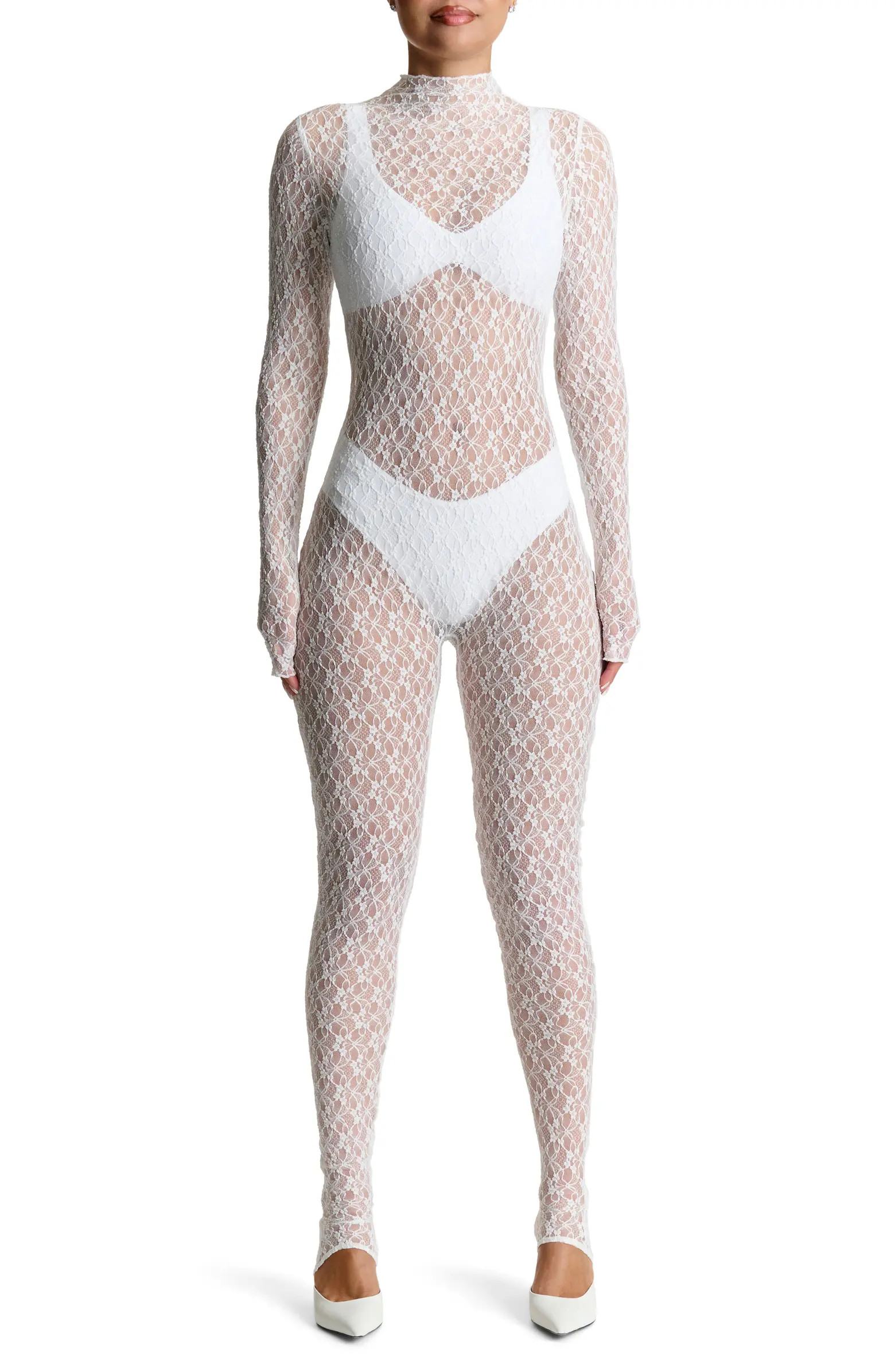 Sheer Lace Long Sleeve Stirrup Jumpsuit | Nordstrom