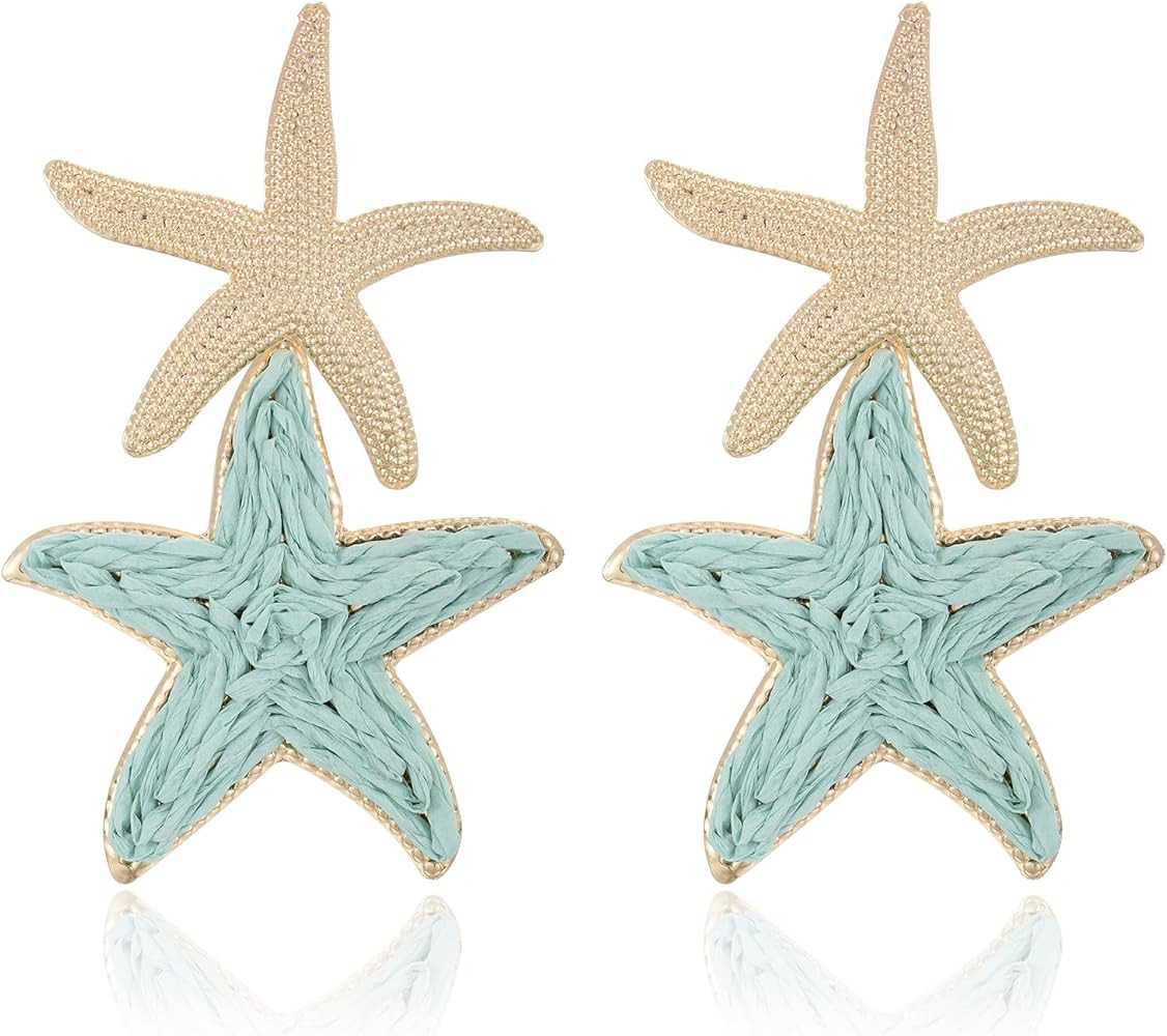 Raffia Starfish Earrings, Raffia Straw Wrapped Starfish Drop Dangle Earrings Summer Tropical Beac... | Amazon (US)