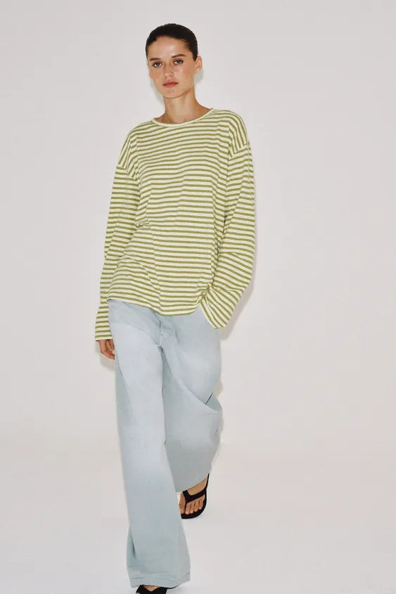 COTTON AND LINEN STRIPED T-SHIRT | Zara Canada