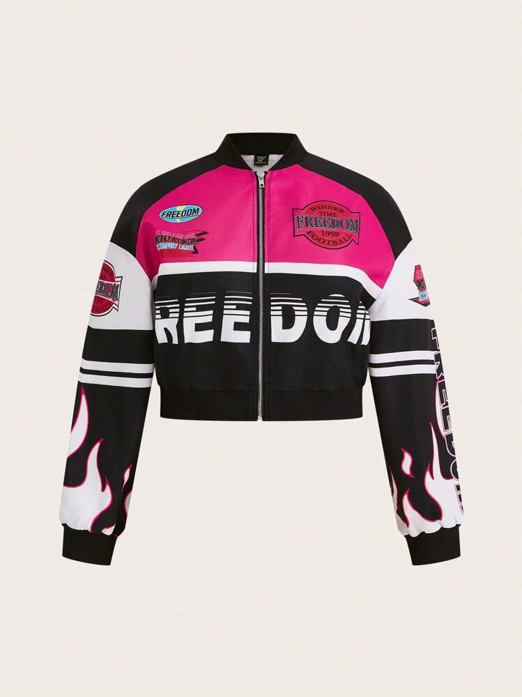 SHEIN ICON Plus Size Women's Letter Printed Baseball Jacket | SHEIN