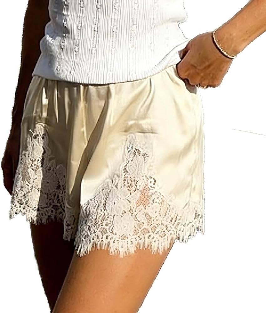 Women Silk Lace Shorts Satin Elastic Waist Lace Trim Mini Shorts Silk Patchwork Lounge Pettipants... | Amazon (US)