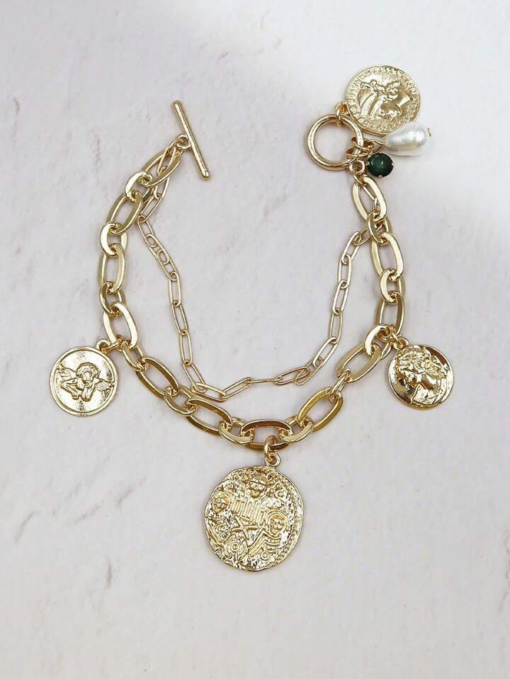 1pc Double-Layer Green Crystal & Waterdrop Pearl Decor Chain Bracelet, Suitable For Daily Wear | SHEIN