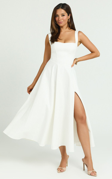 Bernie Midi Dress - Square Neck Strapped Full Circle Skirt Dress in White | Showpo (US, UK & Europe)