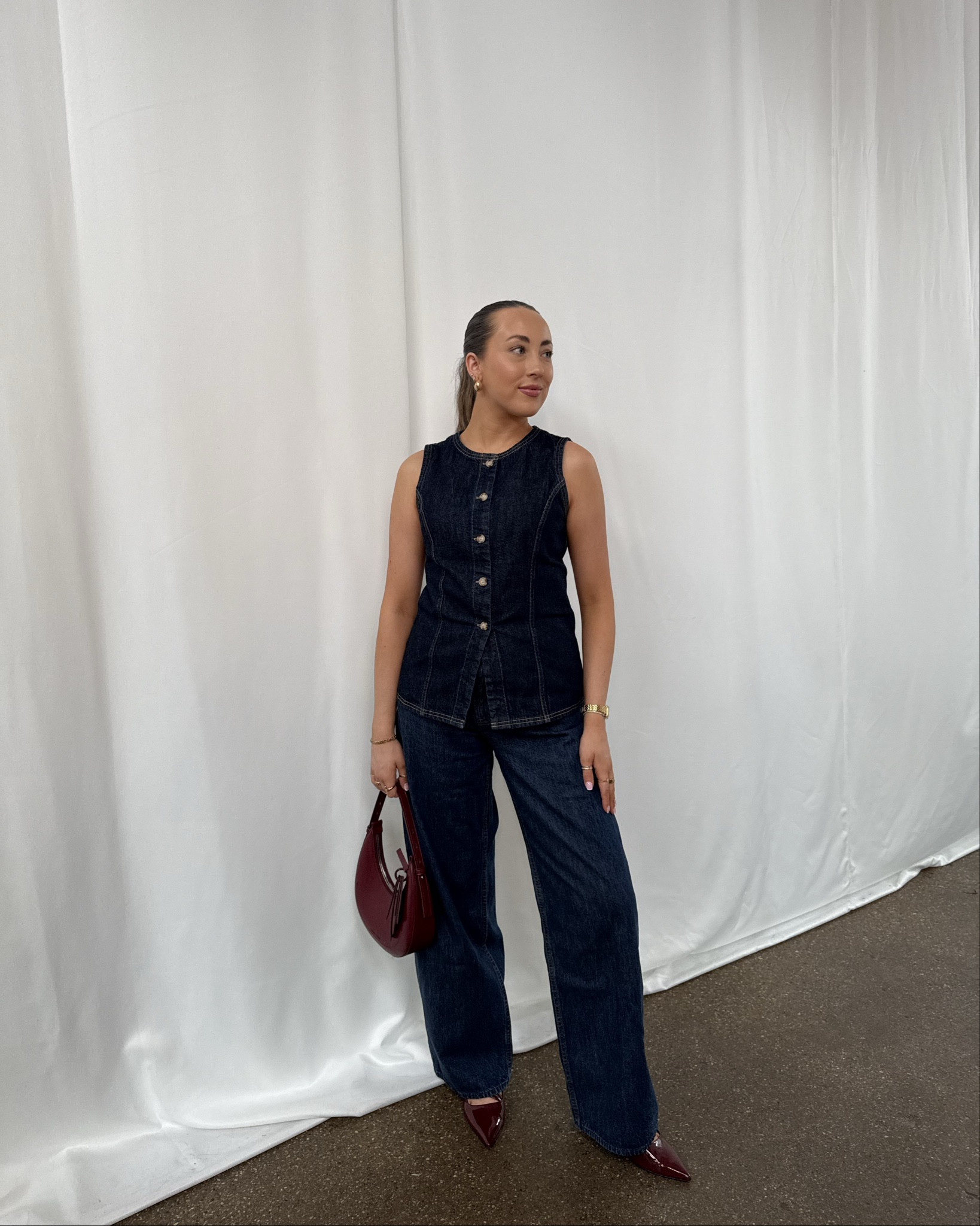 Dark wash double denim and matching burgundy accessories are my new favourite outfit combo 🖤

#LTKuk #LTKstyletip #LTKFashionMonth