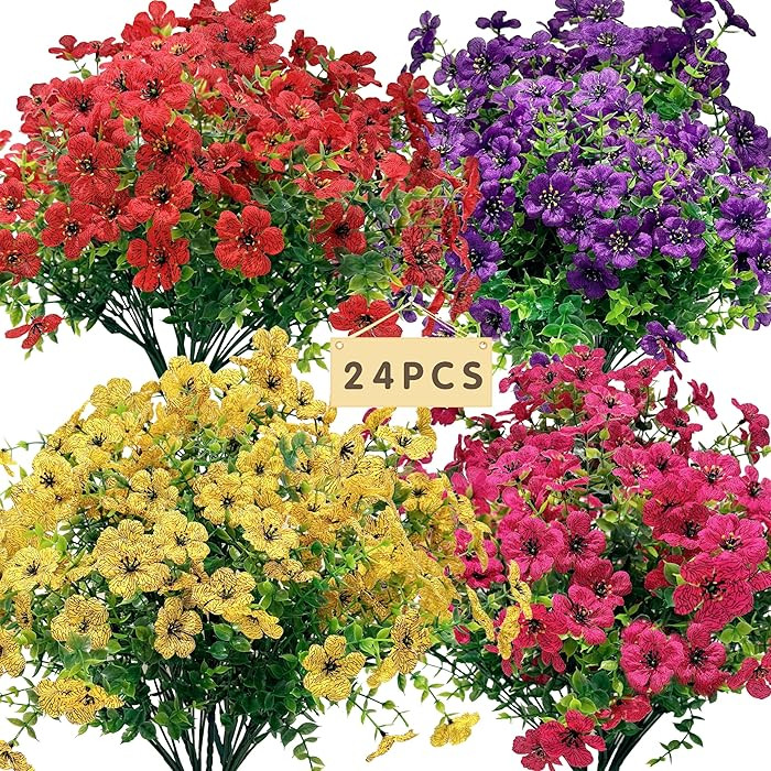 Senjie 24 Bundles Artificial Flowers Bulk for Outdoor Decor, UV Resistant Fake Plastic Flowers, F... | Amazon (US)