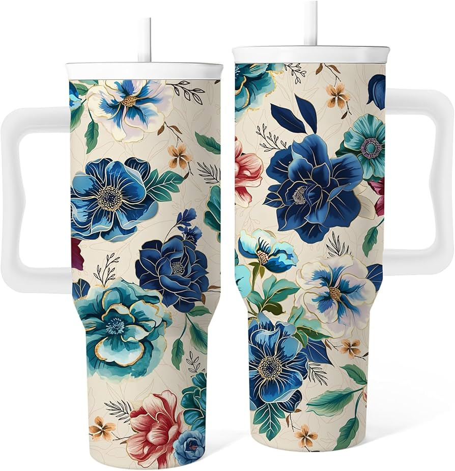 Floral Tumbler With Handle 40 Oz, Watercolor Blue Flowers Rose Tumbler For Women, Floral Gifts Fo... | Amazon (US)