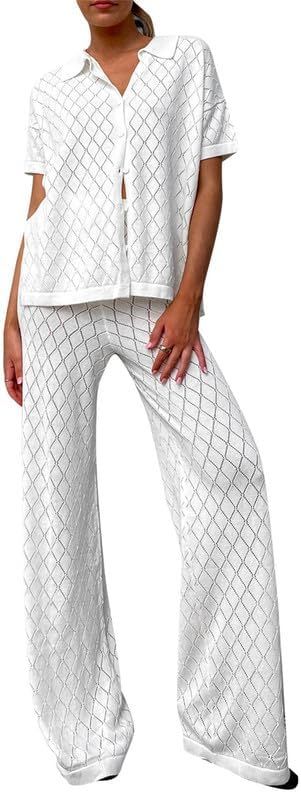 Women 2 Piece Knit Outfits Long Sleeve Printing Shirt Tee Tops High Waist Skinny Pants Y2k Set Lo... | Amazon (US)