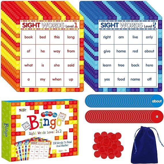 Sight Word Bingo Game, 120 Sight Words Learn to Red Level 1 & Level 2 Bingo Board Game Dolch's & ... | Amazon (US)
