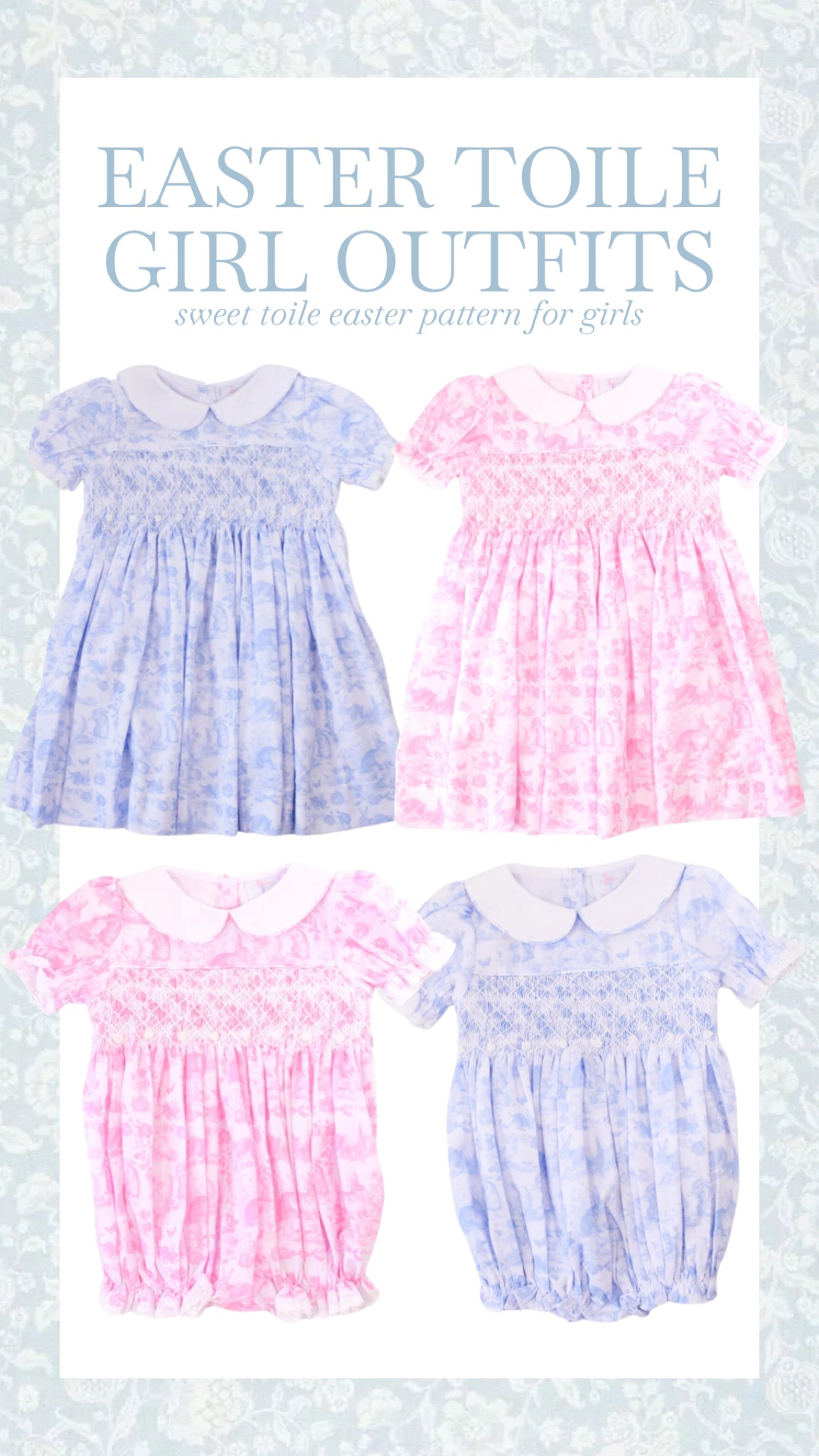 I’ve found the most precious toile Easter print dresses and bubbles for little girls! 🌸🐣 These classic and timeless pieces are perfect for Easter Sunday, spring gatherings, and special occasions. The beautiful toile print adds such a charming touch, making them an instant favorite! Don’t miss out on these sweet and stylish dresses for your little one this season! 💖✨

#EasterStyle #LittleGirlFashion #ToilePrint #LTKKids #SpringWardrobe #GirlsDresses #EasterOutfits #TimelessFashion #ClassicStyle #StylishKids

#LTKFamily #LTKFindsUnder50 #LTKKids