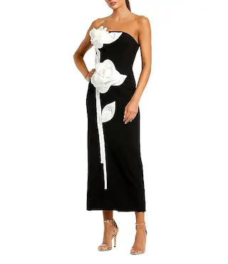 Mac Duggal Strapless 3D Satin Flowers Crepe Sheath Ankle Midi Dress | Dillard's | Dillard's