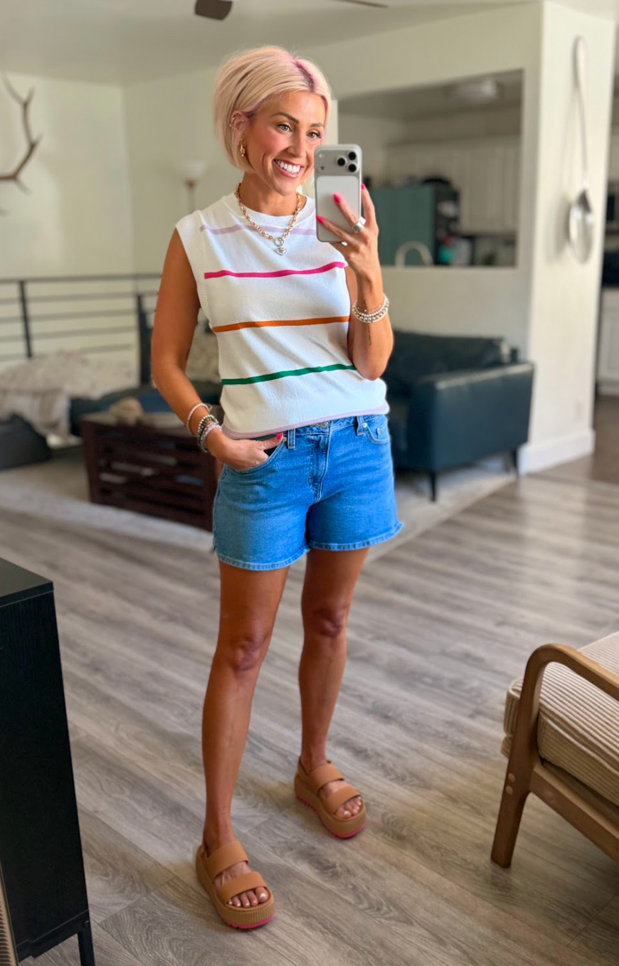 Summer-ready outfit! Perfect for casual days out.  Top: Small // Shorts: 28 // Sandals: TTS 

 #LTKootd #LTKSeasonal #LTKSaleAlert