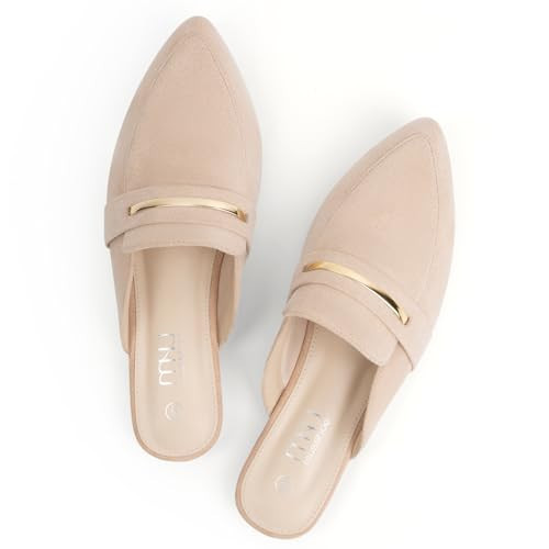 MUSSHOE Mules for Woman Pointed Toe Women's Bukle Mule Flat Slip-on Womens Mules Shoes Casual Fashion Party Work,Nude Suede 8 | Amazon (US)