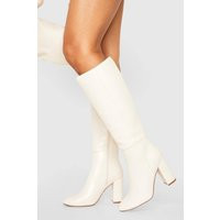 boohoo Women's Knee High Block Heel Boots in Cream | Size: 4 | Boohoo.com (UK & IE)