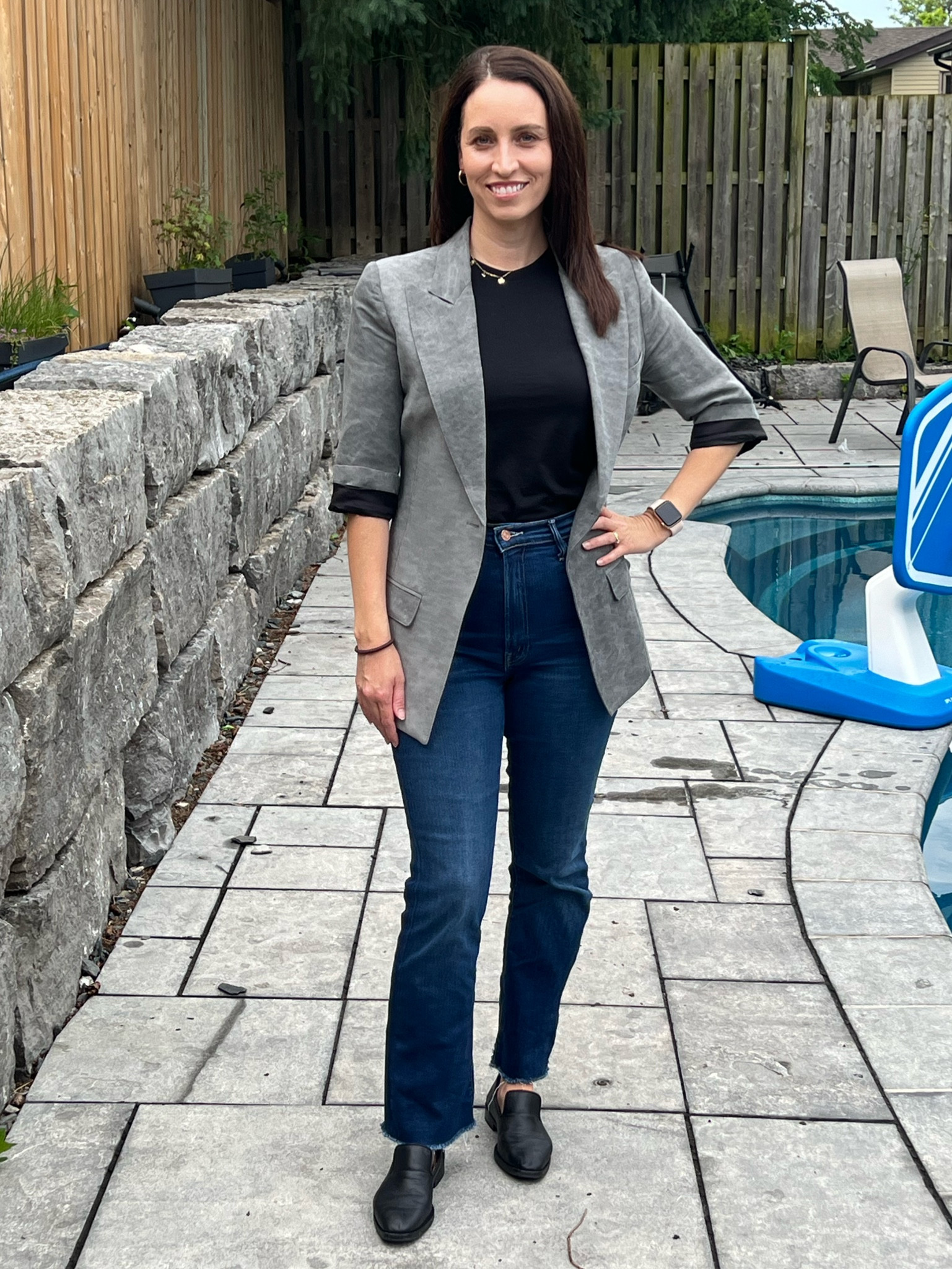 Hello!  This is a work look for me.  This short sleeved jacket is one of my favourite jackets.  I’m wearing it in size 8 (size up one size in Smythe blazers; they have a small cut).

Favourite summer jeans (size 28), favourite fitted t-shirt (size M) for wearing under blazers and amazing loafers!  I wear these loafers all the time for walking and they wear so well 💗

#LTKshoes #LTKworkwear #LTKcanada