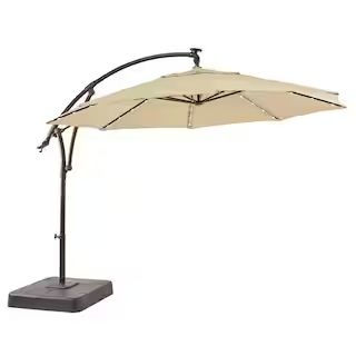 Hampton Bay 11 ft. Aluminum Cantilever Solar LED Offset Outdoor Patio Umbrella in Putty Tan-YJAF0... | The Home Depot