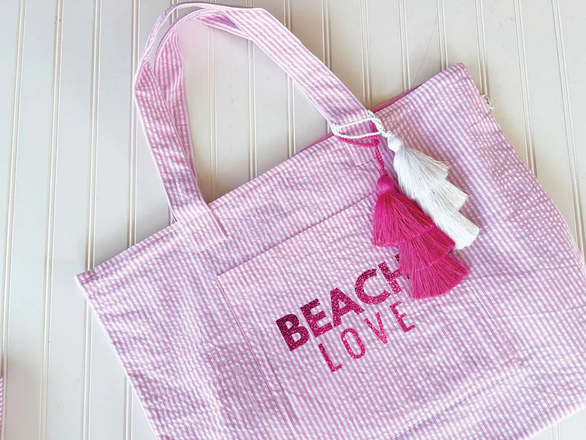 Everything Bag: Pink Seersucker - Pink Glitter BEACH LOVE NEW! | Quilted Koala