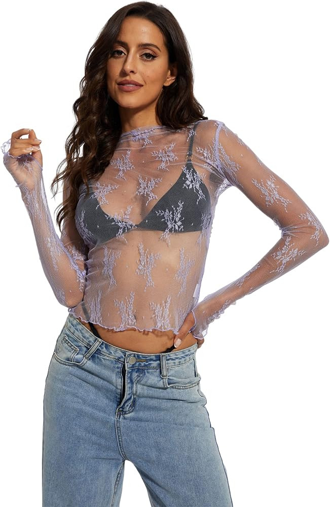 PICPUNMAK Women See Through Floral Embroidery Long Sleeve T Shirt Sexy Mesh Sheer Mock Neck Layer... | Amazon (CA)