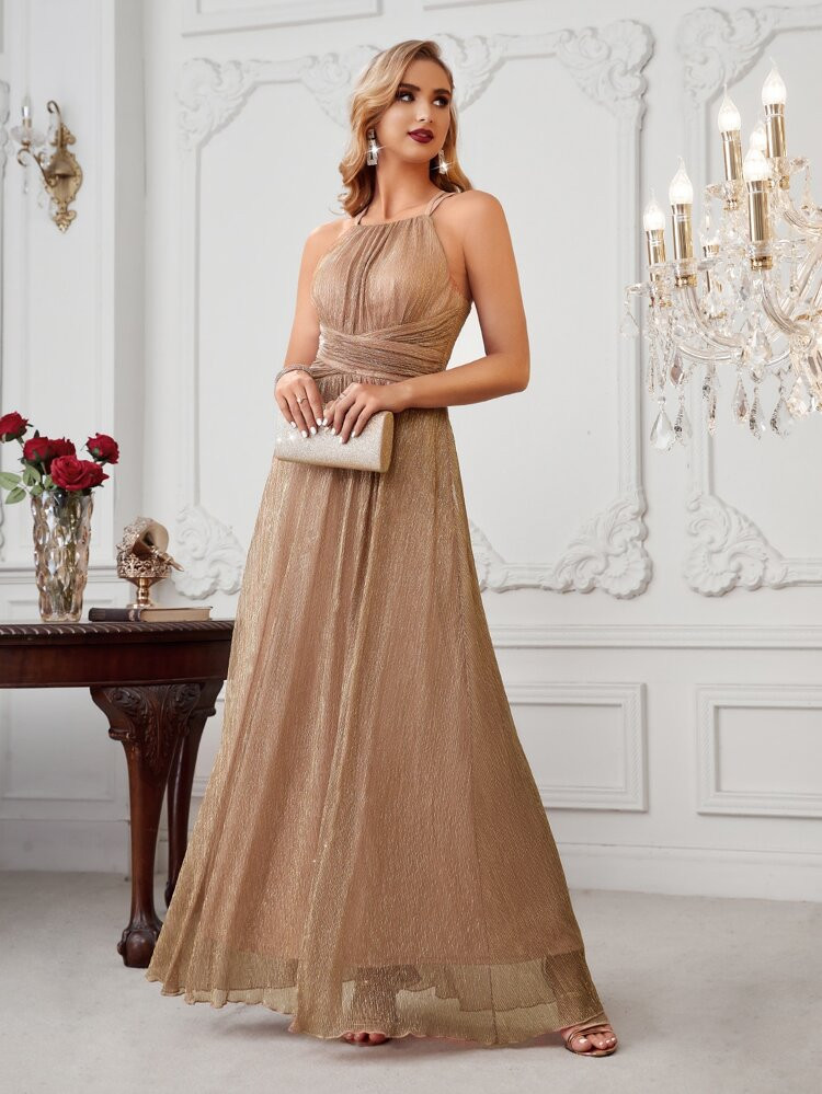 Metallic Criss Cross Back Maxi Bridesmaid Dress | SHEIN
