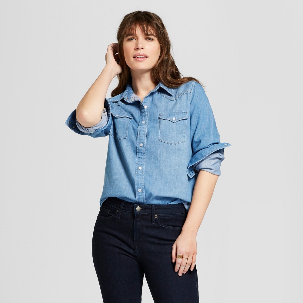 Women's Western Denim Shirt Long Sleeve Button-Down Shirt - Universal Thread Medium Wash L, Blue | Target