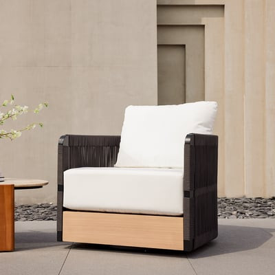 Black Woven Rope Outdoor Swivel Chair Sofa 360 Degree Rotatable Coastal Patio Armchair | Homary