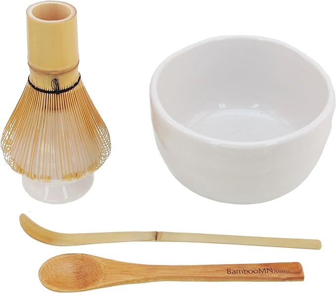 BambooMN Brand - Matcha Bowl Set (Includes Bowl, Rest,Tea Whisk, Chasaku, Tea Spoon) 1 Set White | Amazon (US)