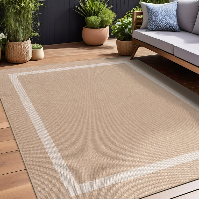 Beverly Rug Indoor/Outdoor Area Rugs, Bordered Patio Porch Garden Carpet, Beige and White, 6'x9' | Walmart (US)