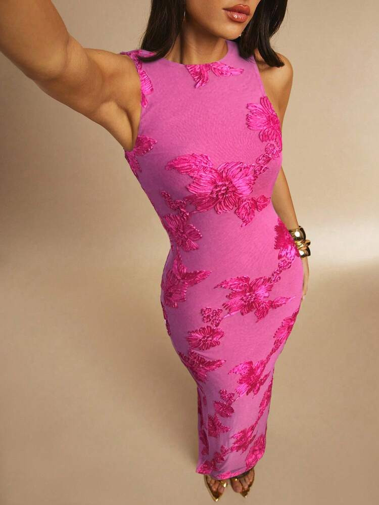 Silquee Solid Color Round Neck Sleeveless Elegant 3D Floral Fitted Minimalist Sexy Dress | SHEIN
