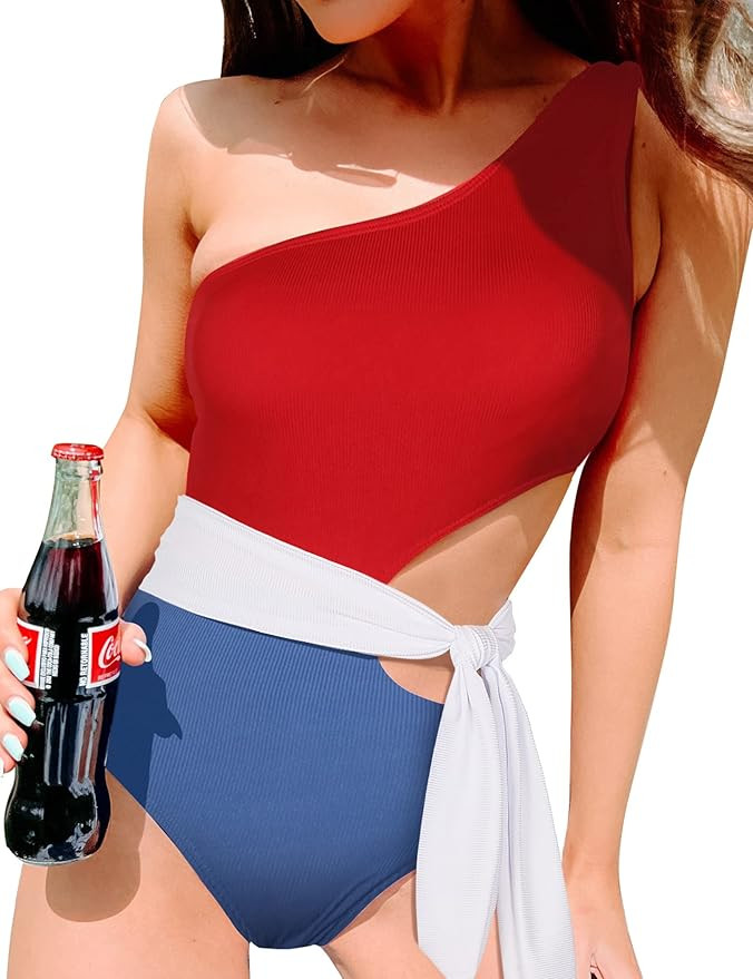 One Piece Bathing Suit for Women One Shoulder Cut Out Swimsuit Ribbed Color Block Monokini Tie Si... | Amazon (US)