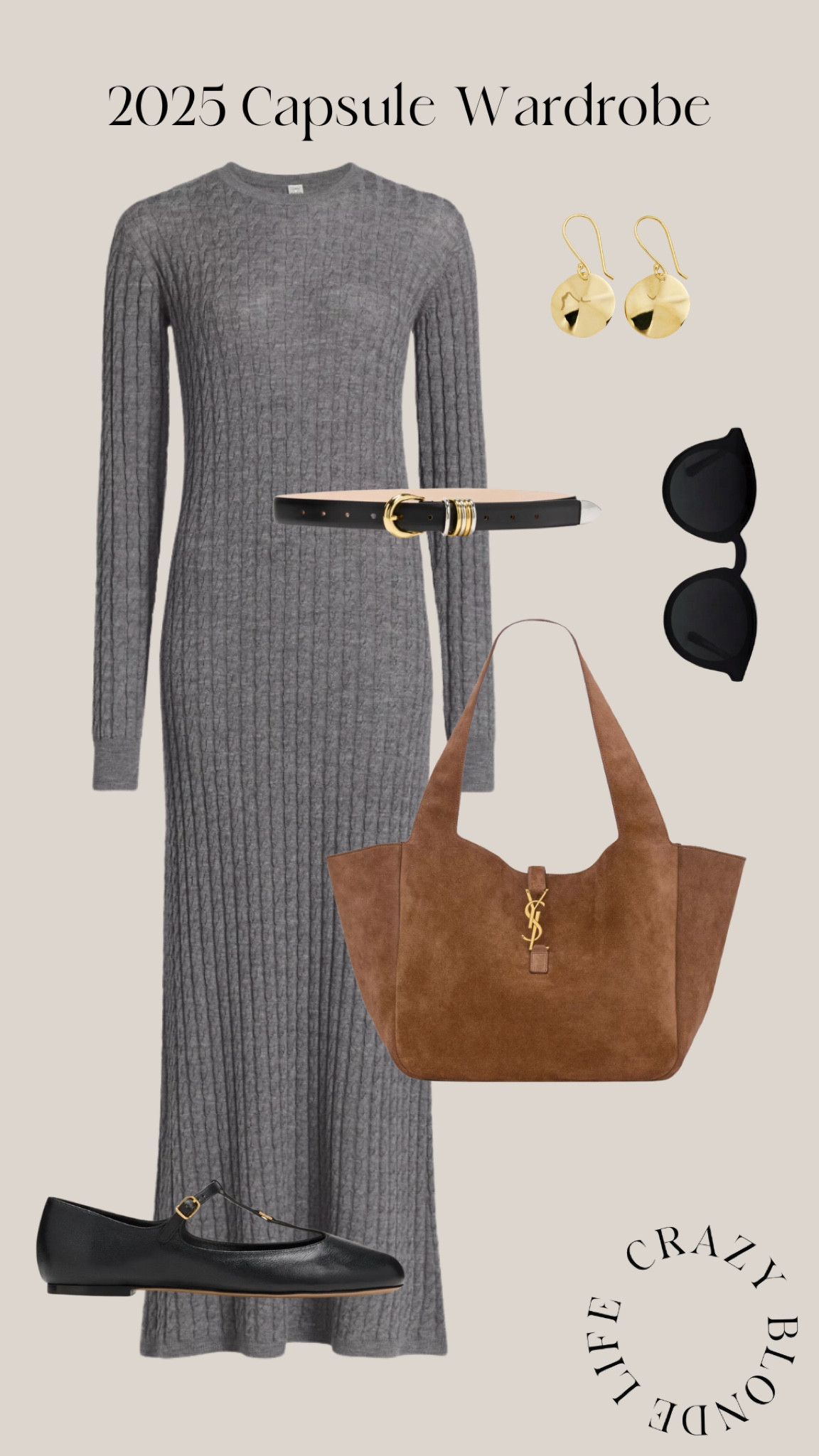 Early spring capsule wardrobe!  Grey sweater dress, black leather belt, black sunglasses, tan suede bag, gold earrings and ballet flats


#LTKItBag #LTKStyleTip #LTKSeasonal