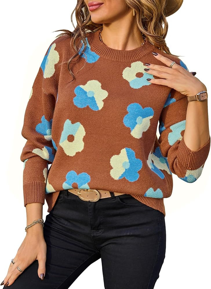 Angashion Women Long Sleeve Sweater - Fall Casual Crewneck Knit Tops Floral Print Cute Loose Pull... | Amazon (US)