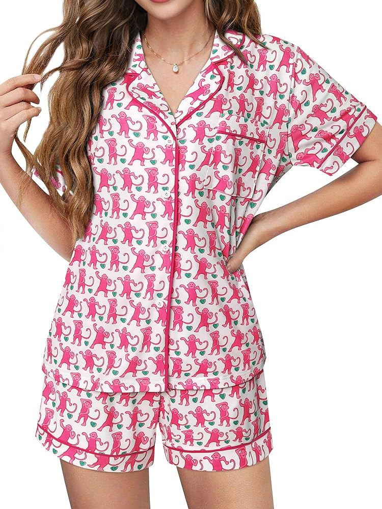Womens Preppy Monkey Pajamas Y2k Cute Pj Sets 2 Piece Short Sleeve Button Down Loungewear Pjs Sho... | Amazon (US)