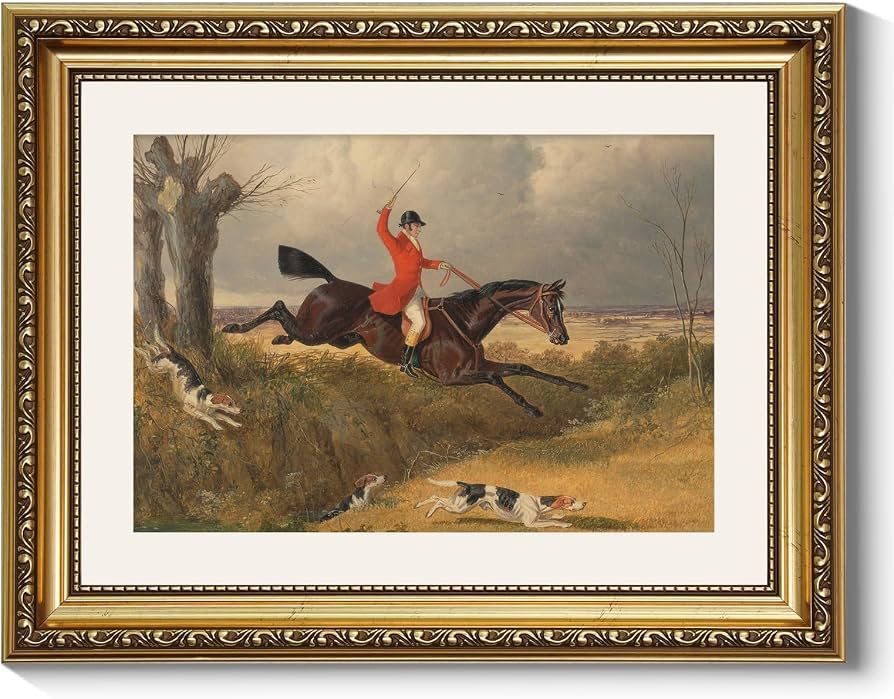 ARPEOTCY Gold Framed Canvas Wall Art, 11x14 Inch Vintage Equestrian Fox Hunting Painting, Classic Horse and Rider Artwork, English Country Hunt Decor for Living Room, Office, or Study | Amazon (US)