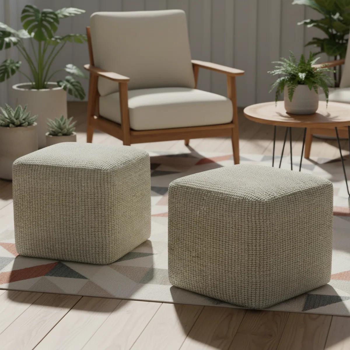Zelma 18"W Striped Cream Square Woven Indoor/Outdoor Pouf | Wayfair North America