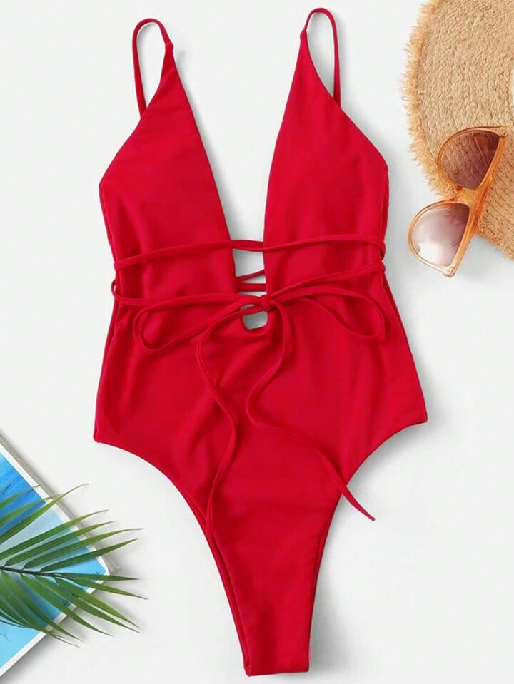SHEIN Swim 2025 Women Solid Color Tie Waist Plunging Neck One-Piece Swimsuit Summer | SHEIN