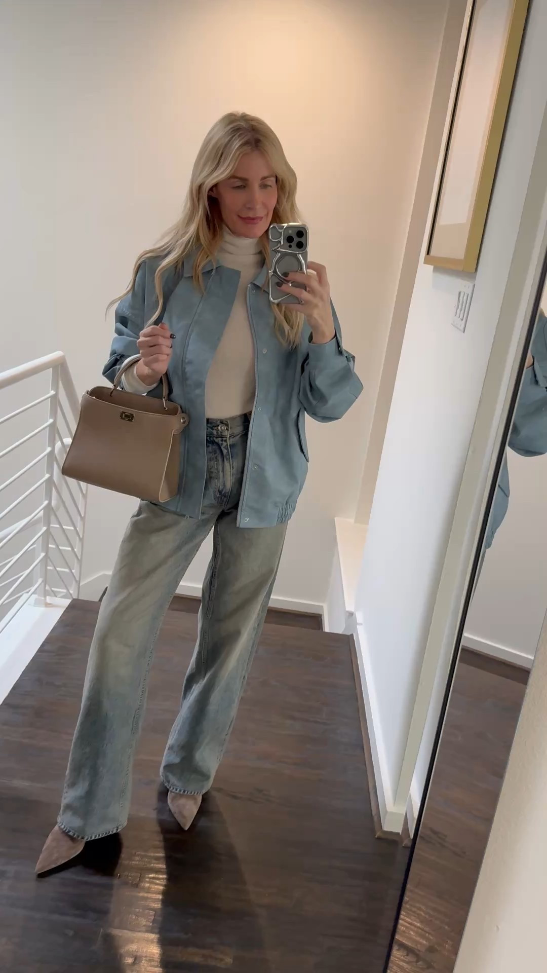 This baby blue bomber jacket instantly freshens up any denim look and feels modern without trying too hard. It’s that perfect lightweight layer that works now and transitions beautifully into spring — easy, polished, and very wearable. I’m wearing the baby blue bomber jacket in XS and it fits true to size. 

 #LTKootd #LTKOver40 #LTKFindsUnder100