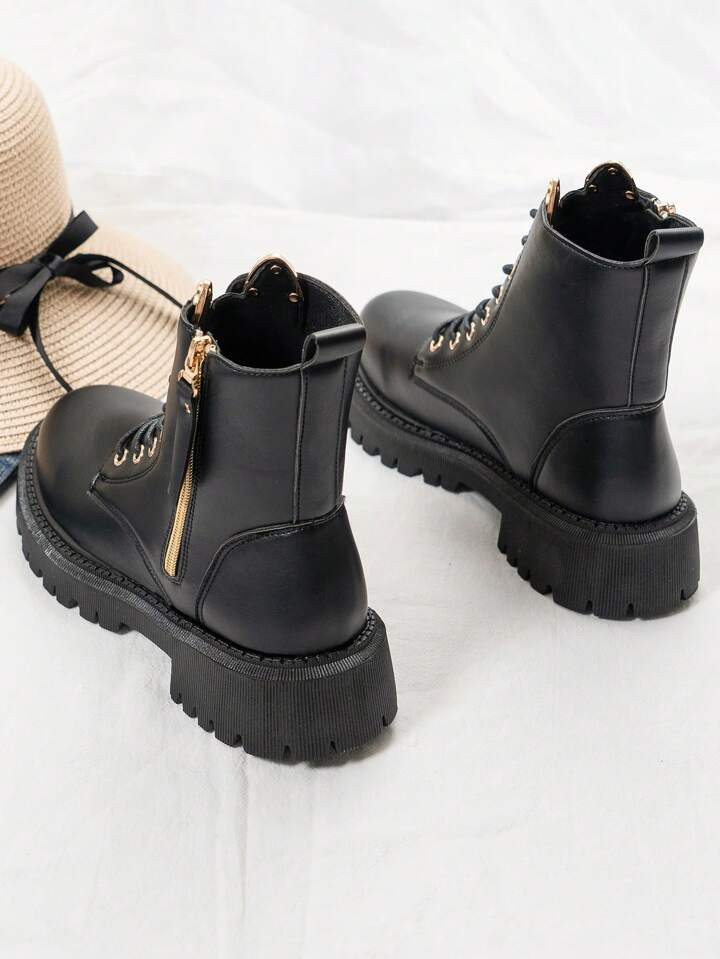Side Zipper Black Short Boots With Thick Sole For Women, New Arrival For Autumn-winter 2023 | SHEIN