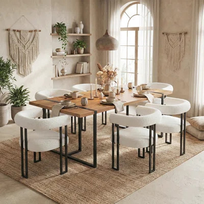 Modern 7-Piece Rectangular Dining Table Set For 6 With Boucle Upholstered Chairs | Wayfair North America