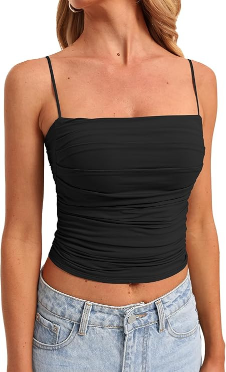 Darong Women Padded Double Lined Ruched Tank Tops Bulit in Bra Summer Spaghetti Strap Going Out C... | Amazon (US)
