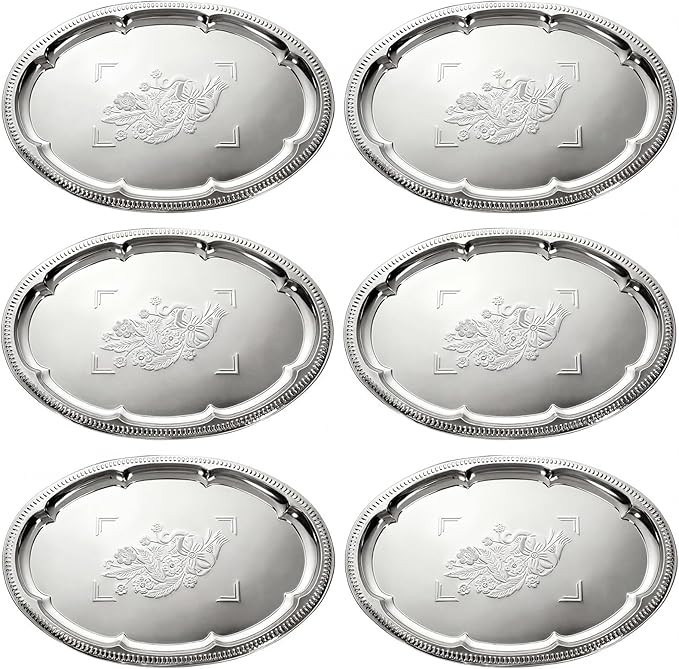 6 Pack Large Silver Serving Trays Set 15.7" x 11.8" Stainless Steel Floral Oval Tray Retro Vintag... | Amazon (US)