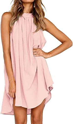 KIRUNDO Women's 2025 Summer Halter Neck Sleeveless Mini Dress Loose Tank Top Pleated Flowy Short ... | Amazon (US)