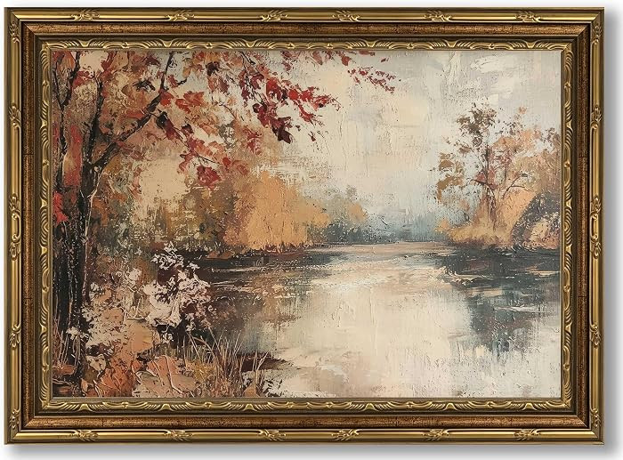 Gold Framed Vintage Fall Landscape Canvas Wall Art Fall Maple Leaves Poster Artwork Autumn Moody ... | Amazon (US)