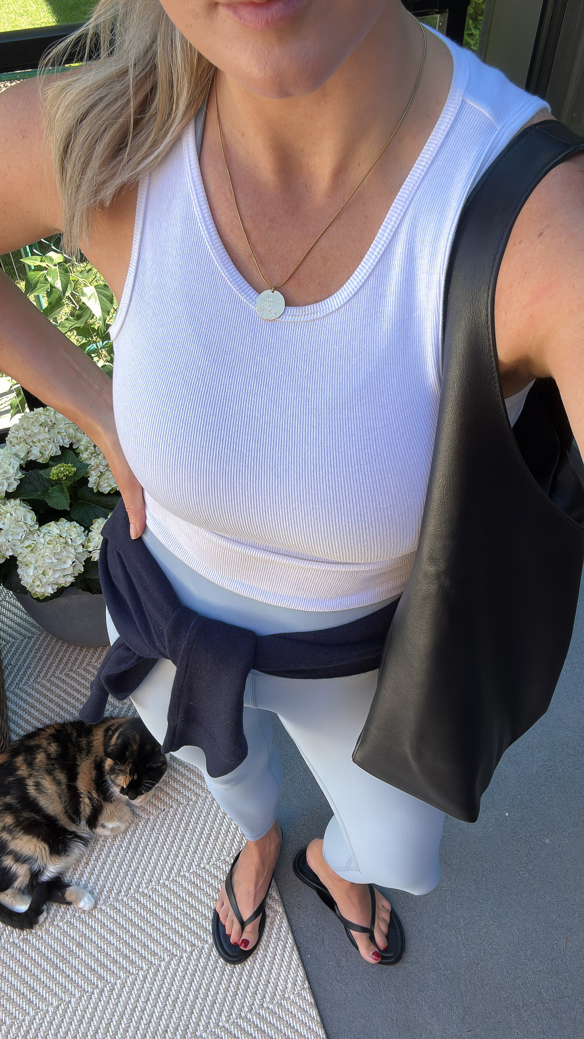 Comfy athletic summer outfit with Quince leggings & matching bra top, Reformation sandals, Quince slouch bag, and Aritzia tank.  

 #LTKActive #LTKFindsUnder100 #LTKShoeCrush
