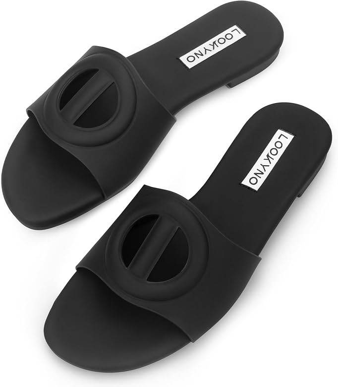 Womens Sandals Dressy Summer Flat Sandals 2025 Open Toe Slippers Slip On Slides with Semicircle C... | Amazon (US)