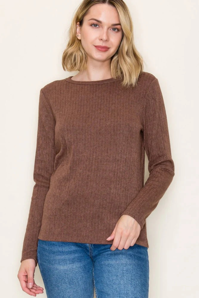 Brown Ribbed Knit Long Sleeve Top | PinkBlush Maternity
