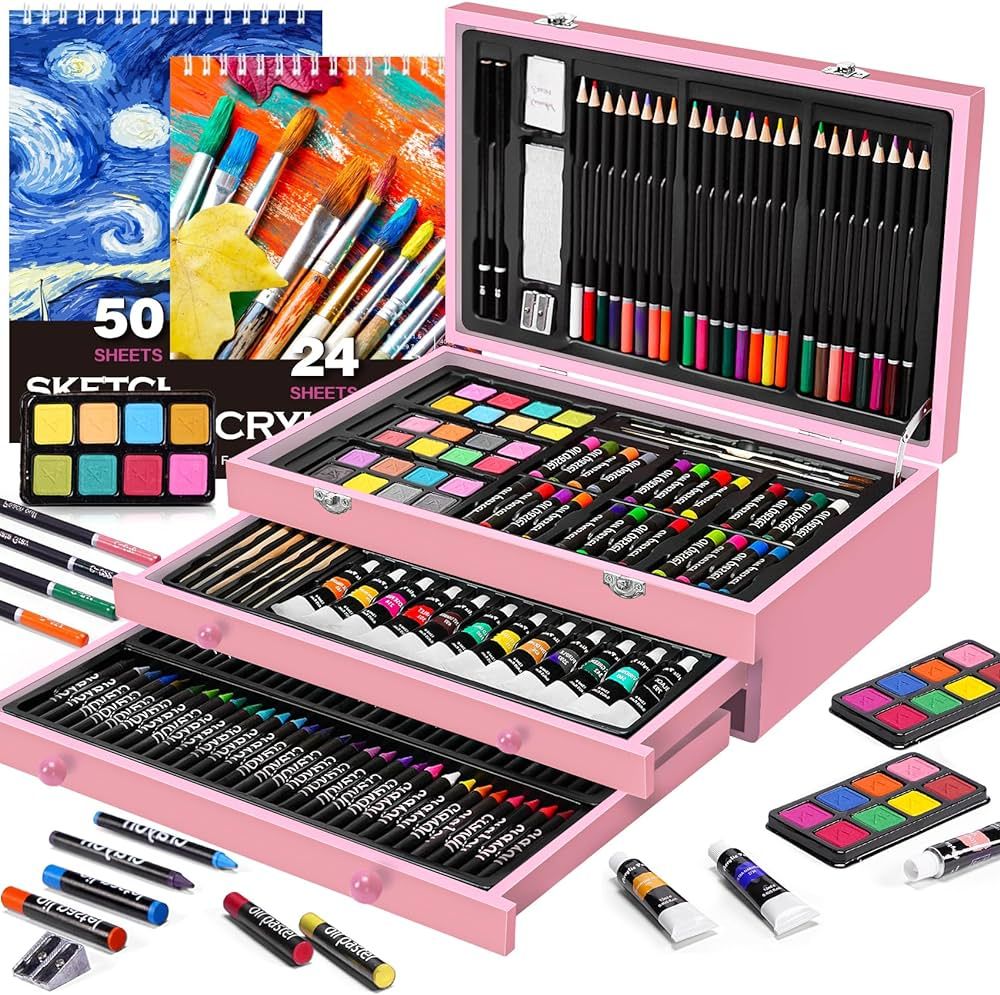 175 Piece Deluxe Art Supplies, Art Set with 2 A4 Drawing Pads, 24 Acrylic Paints, Crayons, Colore... | Amazon (US)