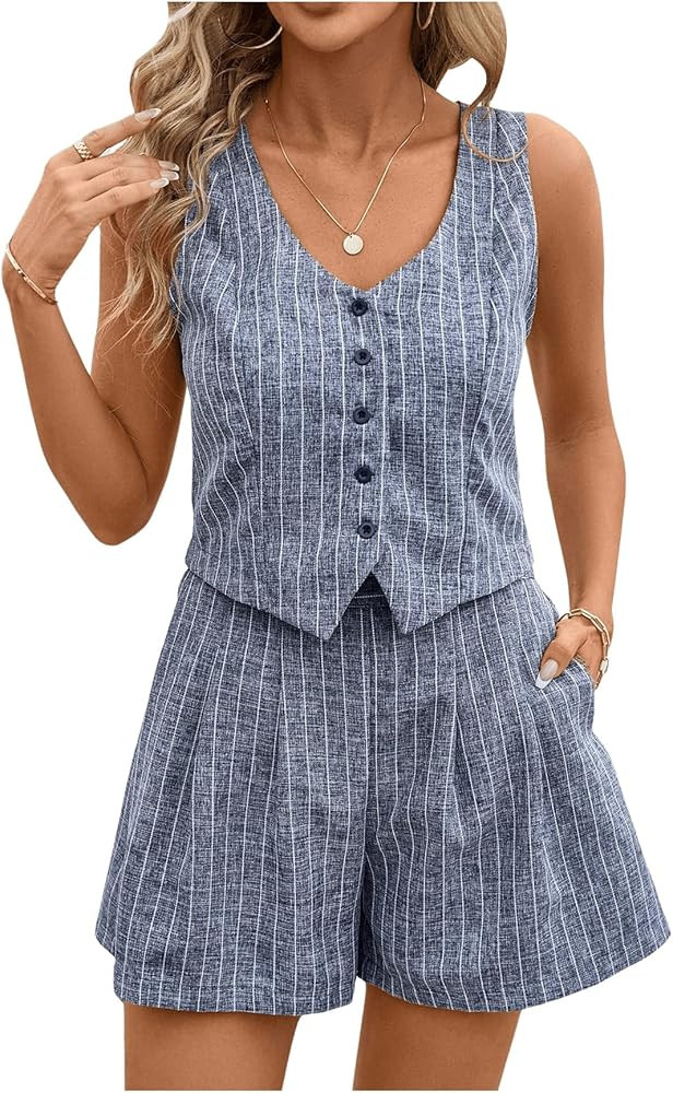 GORGLITTER Women's Two Piece Striped Outfit V Neck Button Down Vest Slant Pocket Flared Shorts Se... | Amazon (US)
